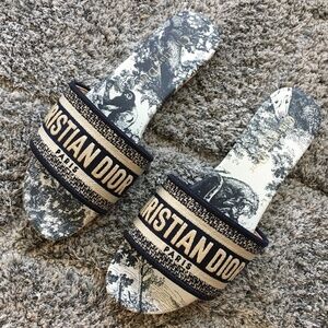 Dior Dway Deep Blue Embroidered Cotton Logo Slides